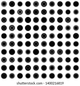 Black Flowers / Pseudo-Snowflakes on white background. Sharp set of 100 items. 15 (fifteen) angles. - Vector