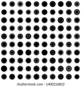 Black Flowers / Pseudo-Snowflakes on white background. Sharp set of 100 items. 15 (fifteen) angles. - Vector