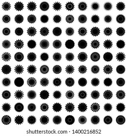 Black Flowers / Pseudo-Snowflakes on white background. Sharp set of 100 items. 15 (fifteen) angles. - Vector