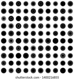 Black Flowers / Pseudo-Snowflakes on white background. Sharp set of 100 items. 15 (fifteen) angles. - Vector