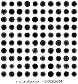 Black Flowers / Pseudo-Snowflakes on white background. Sharp set of 100 items. 15 (fifteen) angles. - Vector
