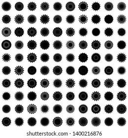 Black Flowers / Pseudo-Snowflakes on white background. Sharp set of 100 items. 15 (fifteen) angles. - Vector