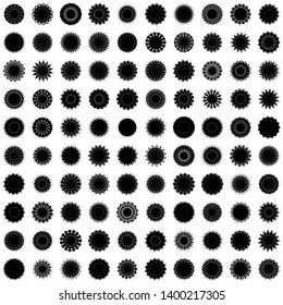 Black Flowers / Pseudo-Snowflakes on white background. Sharp set of 100 items. 15 (fifteen) angles. - Vector