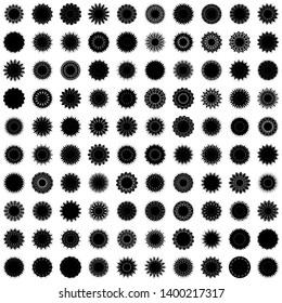Black Flowers / Pseudo-Snowflakes on white background. Sharp set of 100 items. 15 (fifteen) angles. - Vector