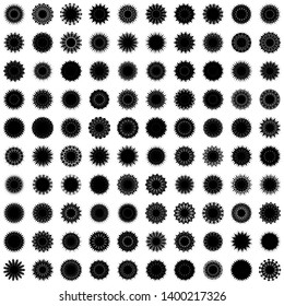 Black Flowers / Pseudo-Snowflakes on white background. Sharp set of 100 items. 15 (fifteen) angles. - Vector