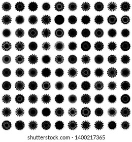 Black Flowers / Pseudo-Snowflakes on white background. Sharp set of 100 items. 15 (fifteen) angles. - Vector