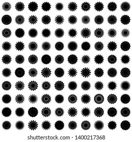Black Flowers / Pseudo-Snowflakes on white background. Sharp set of 100 items. 15 (fifteen) angles. - Vector
