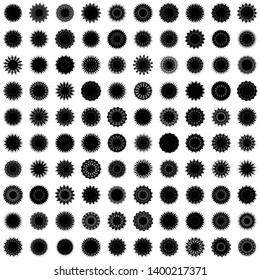 Black Flowers / Pseudo-Snowflakes on white background. Sharp set of 100 items. 15 (fifteen) angles. - Vector