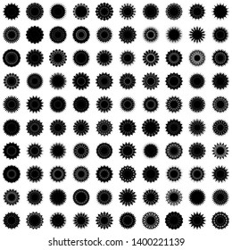 Black Flowers / Pseudo-Snowflakes on white background. Sharp set of 100 items. 16 (sixteen) angles. - Vector