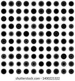 Black Flowers / Pseudo-Snowflakes on white background. Sharp set of 100 items. 16 (sixteen) angles. - Vector