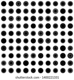 Black Flowers / Pseudo-Snowflakes on white background. Sharp set of 100 items. 16 (sixteen) angles. - Vector