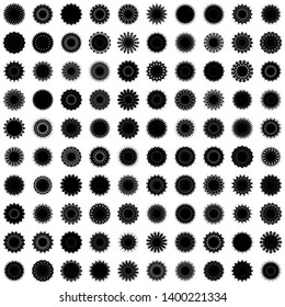 Black Flowers / Pseudo-Snowflakes on white background. Sharp set of 100 items. 16 (sixteen) angles. - Vector