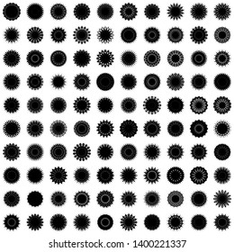 Black Flowers / Pseudo-Snowflakes on white background. Sharp set of 100 items. 16 (sixteen) angles. - Vector