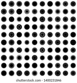 Black Flowers Pseudo-Snowflakes on white background. Sharp set of 100 items.   Vector