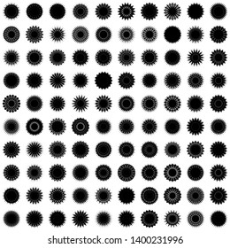 Black Flowers Pseudo-Snowflakes on white background. Sharp set of 100 items.   Vector