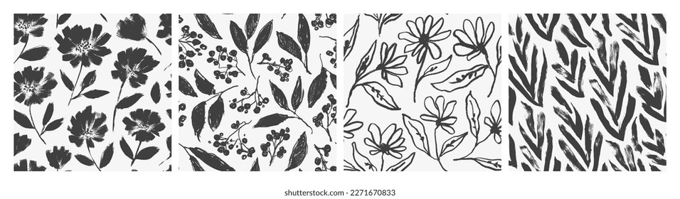 Black flowers seamless pattern collection. Hand drawn monochrome backgrounds with poppies, wild flowers, berry branches. Modern vector ornaments with botanical elements. Naive style drawing. 