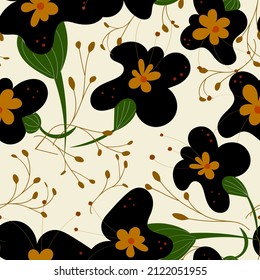 black flowers seamless pattern on bright background. Template for fabric, paper and design