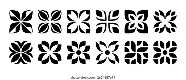Flores pretas ajustadas. Logótipo floral geométrico. Ilustrações vetoriais isoladas sobre fundo branco. Pode ser usado como ícone, sinal ou símbolo - silhueta de flor abstrata, ícone floral preto simples y2k.