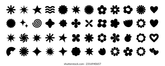 Black flowers and shapes icons. Daisy floral organic form cloud star and other elements in trendy playful brutal style. Vector illustrations isolated on white background.