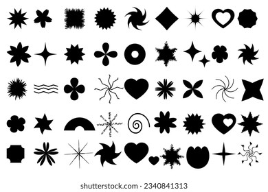 Black flowers and shapes icons. Daisy floral organic form cloud star and other elements in trendy playful brutal style. Vector illustrations svg