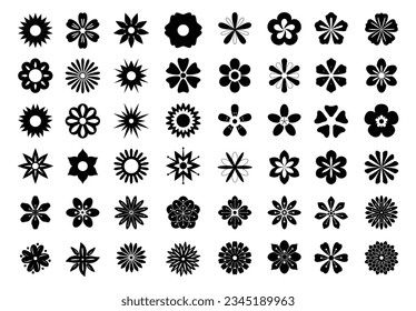 Black flowers and shapes icons. Daisy floral organic form cloud star and other elements in trendy playful brutal style. Vector illustrations isolated on white background.