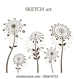 Black flowers silhouette. Abstract dandelion vector set. Monochrome sketch