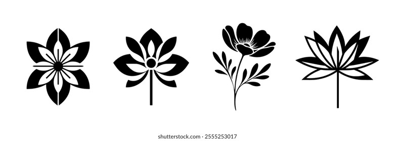 Black Flowers Silhouette Vector Illustration with Transparent Background – Fully Editable Design