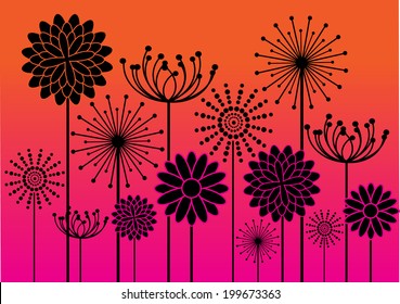 black flowers silhouettes in sunset
