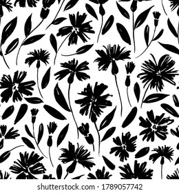 Black flowers with stems vector seamless pattern. Hand drawn botanical ink illustration with floral motif. Camomile, aster or daisy painted by brush. Hand drawn black print, wrapping paper, wallpaper