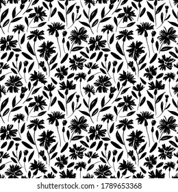 Flores negras con vectores de tallo sin costura. Ilustración de tinta botánica dibujada a mano con motivos florales. Chamomile, aster o daisy pintado con pincel. Impresión negra dibujada a mano, papel envolvente, papel tapiz