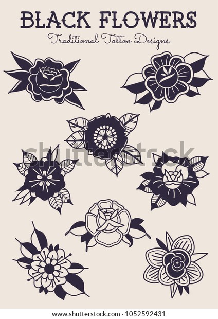 Black Flowers Traditional Tattoo Designs Stock Vector Royalty Free 1052592431