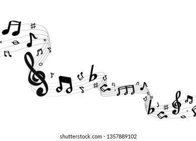 Notas musicales de flujo negro sobre el vector de fondo blanco