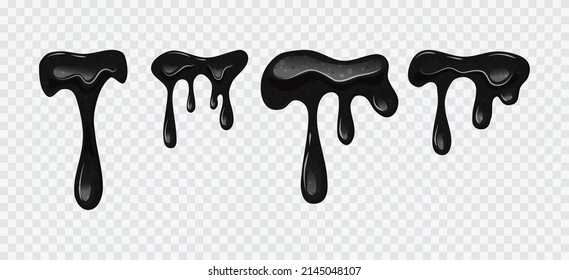 Black flowing slime set on a transparent isolated background. Viscous liquid, oil. Vector cartoon illustration.