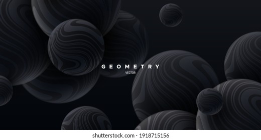 Black flowing spheres textured with wavy striped pattern. Abstract elegant background. Vector 3d illustration. Bouncing balls. Modern cover. Marbled bubbles. Decoration for banner design