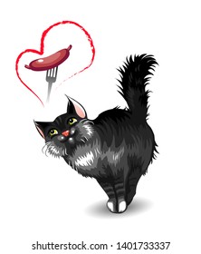Black fluffy cat dreams of big sausage. Isolated on white background. Vector illustration.