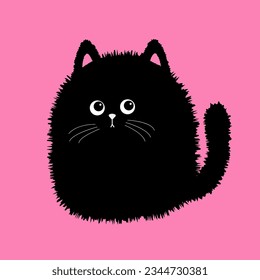 Black fluffy cat icon. Fat kitten. Face head body, plush tail. Cute cartoon character. Kawaii baby pet animal. Notebook cover, tshirt, greeting card print. Flat design. Pink background. Vector