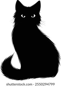 Black fluffy cat silhouette isolated on white background