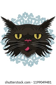 Black fluffy cat, with a yellow eyes and white mustache, with a pink tongue hanging out. Against a snowflake