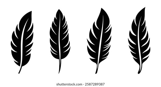 Black fluffy feather. Hand drawing vintage art realistic quill feathers for pen detailed isolated vector elegant silhouette sketch bird plume set