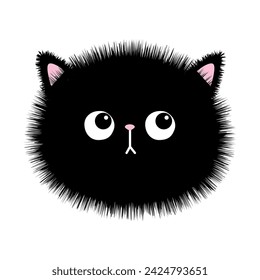 Black fluffy fur cat round sad face head silhouette icon. Cute cartoon funny baby pet character. Funny kawaii doodle animal. Sticker print. Flat design. White background. Isolated. Vector illustration