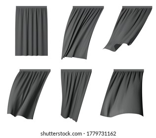 Black fluttering curtain set, vector illustration isolated on white background. Realistic lightweight curtains, window coverings for interior decoration.