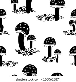 Black fly agaric mushrooms seamless pattern on white background. Cartoon repeat vector texture, great for packaging, fabrics, textile, home decor, wallpaper, apparel design and more.
