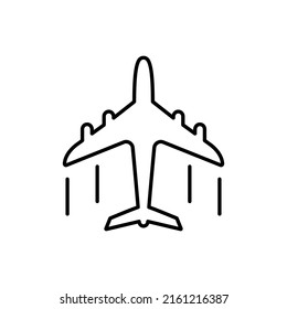 Black Fly Airplane Line Icon. Aircraft Simple Linear Pictogram. Aviation Travel Outline Icon. Plane Symbol. Cargo Black Airline Sign. Editable Stroke. Isolated Vector Illustration.