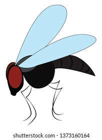 A black fly with blue wings red eyes and four legs sitting on food vector color drawing or illustration 