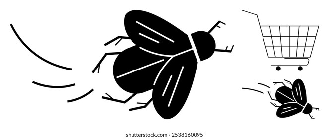 Una mosca negra zumbando en vuelo cerca de un Carrito de compras. Ideal para temas de frustración de compras, molestias por insectos, humor, comportamiento del consumidor y simplicidad en el diseño. Estilo de dibujos animados minimalista