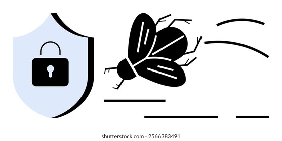 A black fly flying next to a shield with a lock symbol in minimalist style. Ideal for cybersecurity malware virus protection digital security and online safety themes. Simple modern graphic