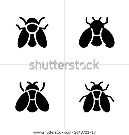 Black fly glyphs create a tile pattern. Vector bug is on a white background. The image displays different vector fly silhouettes arranged in a tile-like manner.