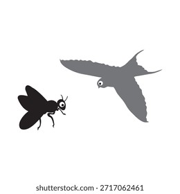 A black fly and a grey bird flying together in the air from a side view