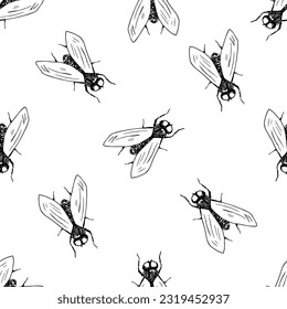 Schwarze Fliege auf weißem Hintergrund. Handgezeichnetes, einfaches Vektornahtloses Muster. Insekten und Tiere. Für Stoffdrucke, Textilerzeugnisse, Herrenhemden, Papier.
