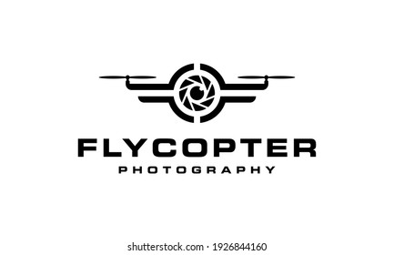 Black Flycopter Photography Drone Helicopter Camera Lens Photography with Initial Letter F, FF, FOF Logo Design